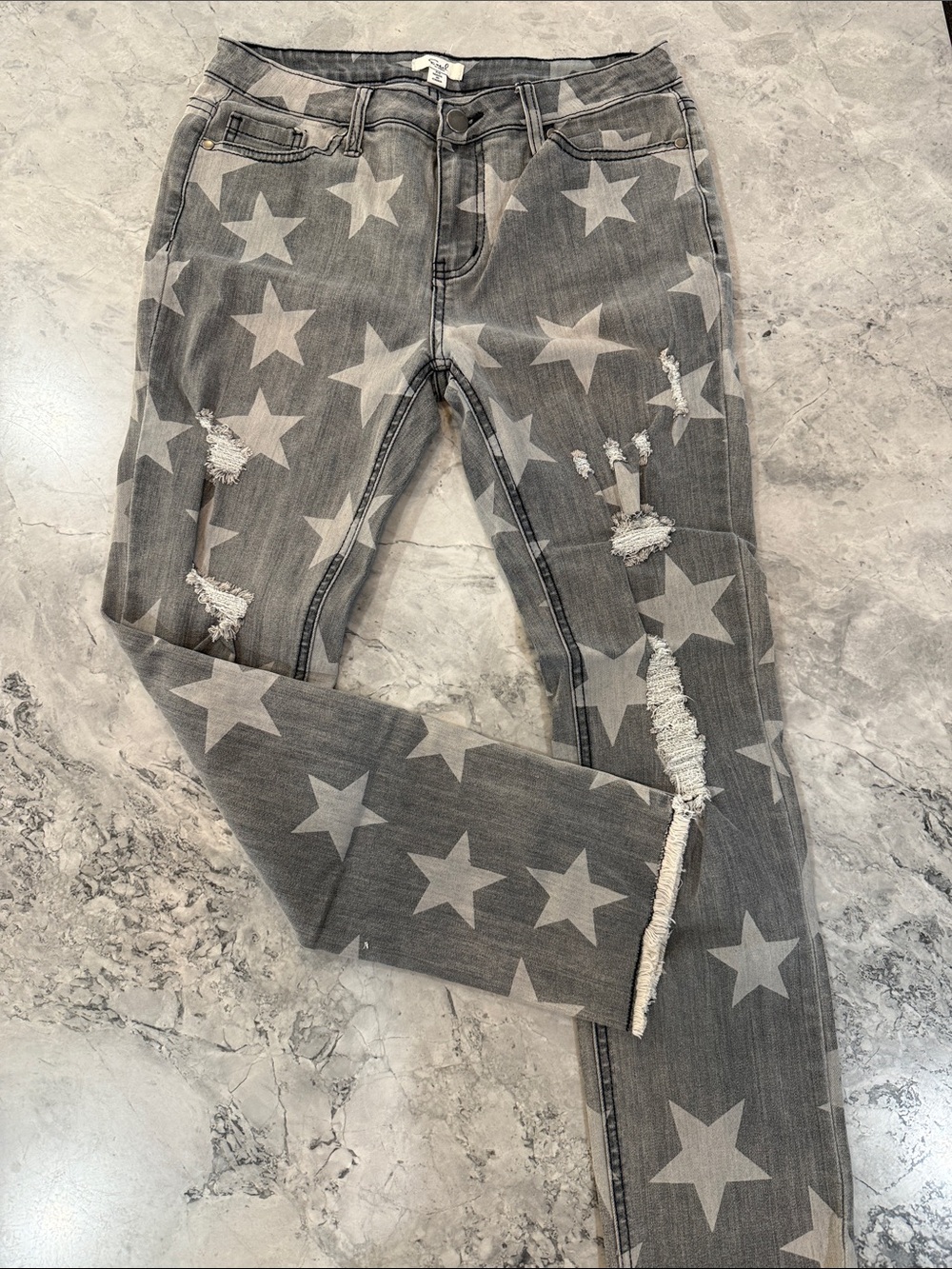 Star Print Distressed Women’s Jeans - Gray